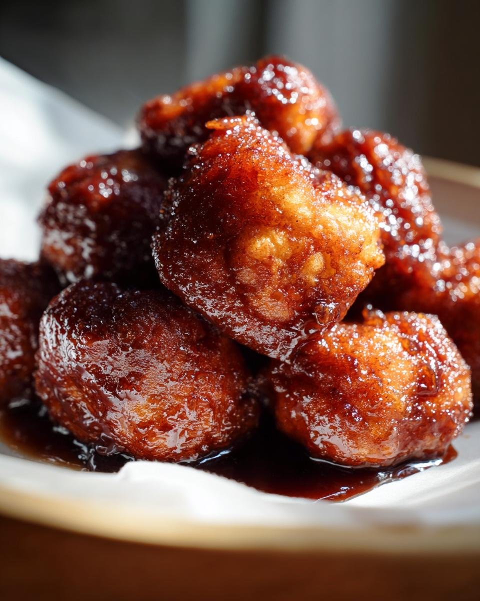 Nahaufnahme von glasierten, karamellisierten St&uuml;cken des Crockpot Monkey Bread, die in einer dunklen Sauce liegen.