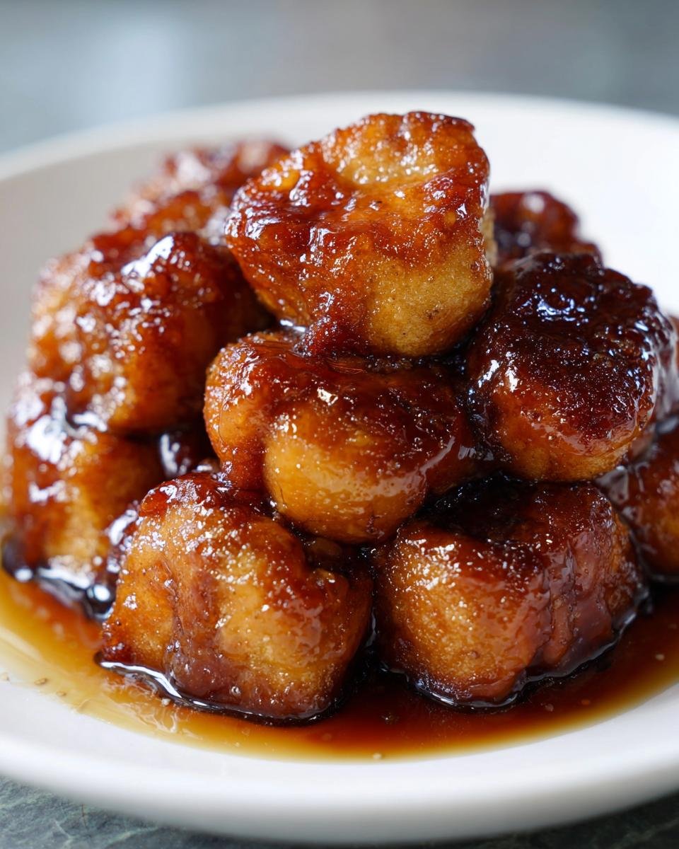 Nahaufnahme von saftigen St&uuml;cken Crockpot Monkey Bread, bedeckt mit einer gl&auml;nzenden, dunklen Karamellsauce.