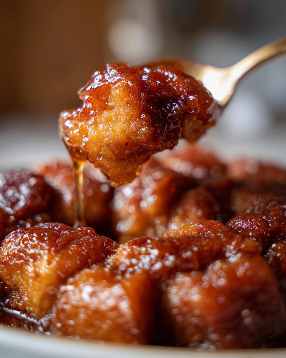 Nahaufnahme eines glasierten Teigst&uuml;cks vom Crockpot Monkey Bread, das von einem goldenen L&ouml;ffel hochgehoben wird.