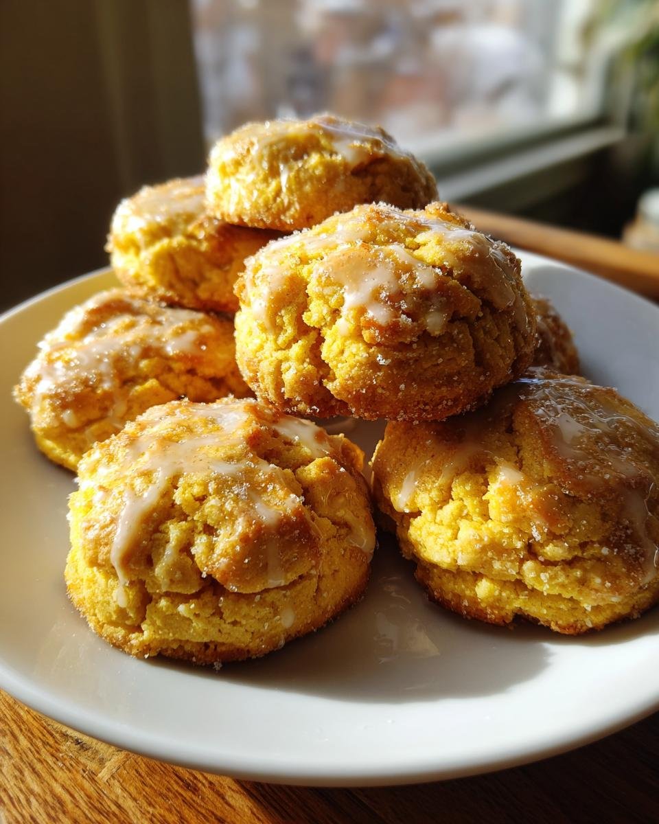 Ein Stapel goldgelber Crumbl Cornbread Cookies, verziert mit einem wei&szlig;en Zuckerguss und Zucker.