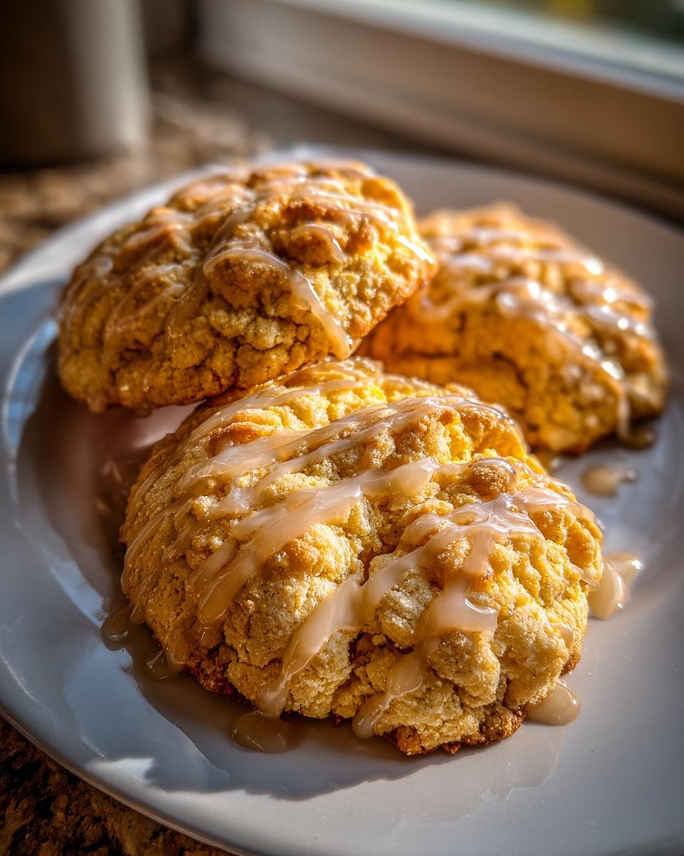 Drei goldgelbe Crumbl Cornbread Cookies mit einer hellbraunen Honigglasur auf einem wei&szlig;en Teller.
