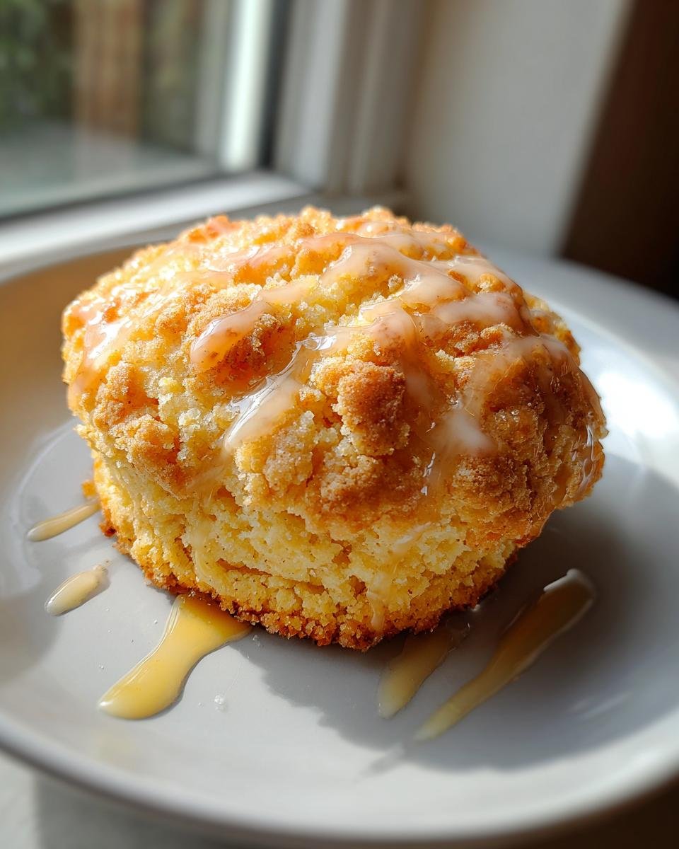 Ein einzelner, runder Crumbl Cornbread Cookie mit Streuseln und Honigglasur auf einem hellgrauen Teller.