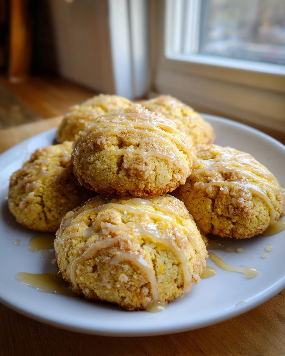 Nahaufnahme von mehreren Crumbl Cornbread Cookies mit einer hellen Honigglasur auf einem wei&szlig;en Teller.