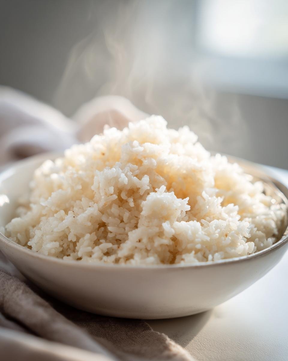 Nahaufnahme von dampfendem, lockerem Coconut Rice in einer hellen Sch&uuml;ssel.