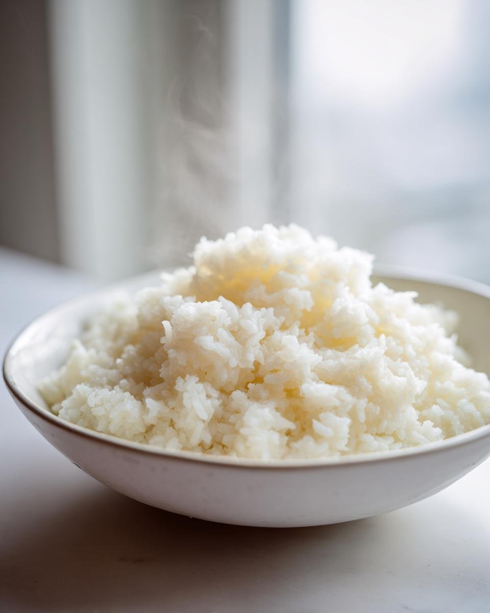 Nahaufnahme von dampfendem, lockerem Coconut Rice in einer wei&szlig;en Sch&uuml;ssel vor hellem Hintergrund.