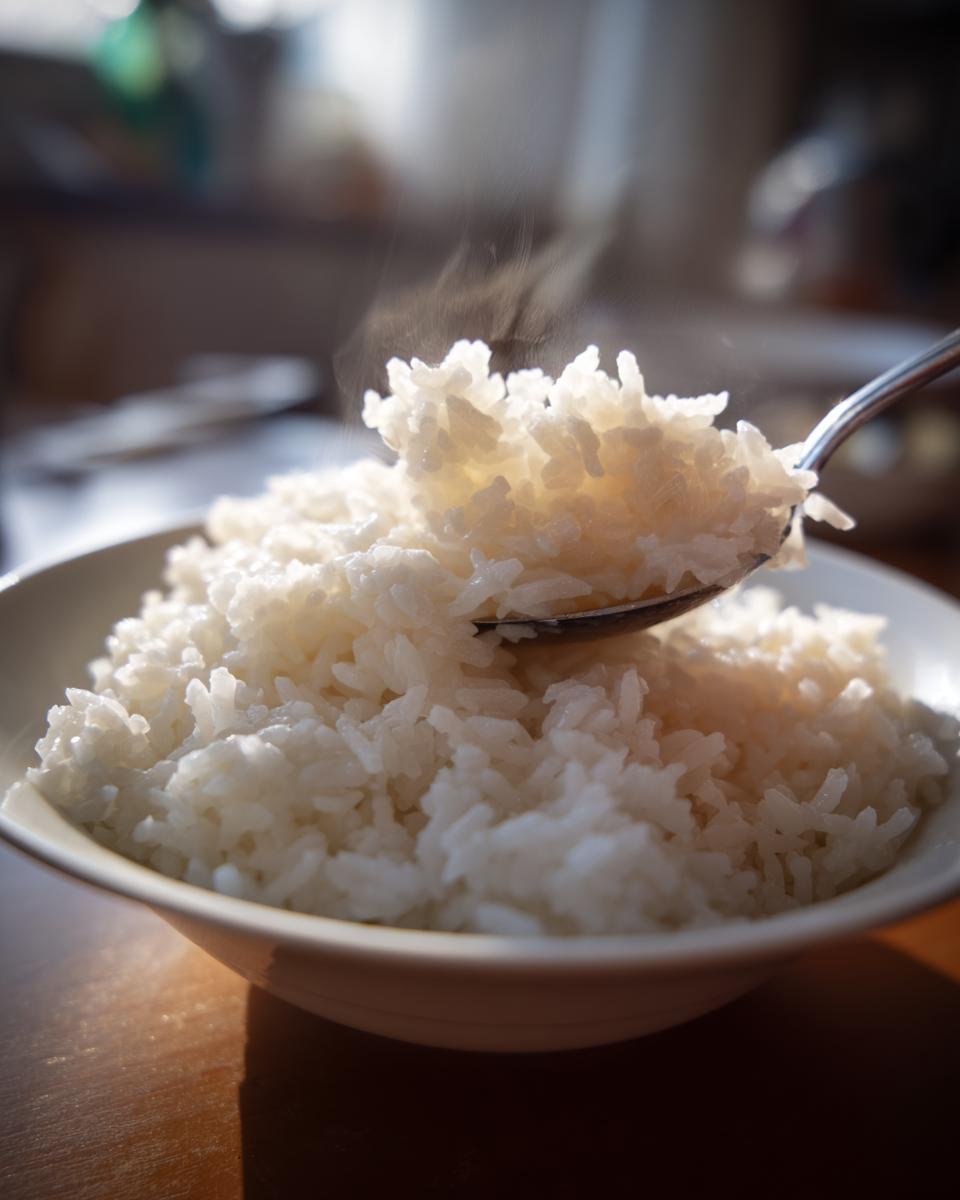 Nahaufnahme von dampfendem, lockerem Coconut Rice, der mit einem L&ouml;ffel aus einer wei&szlig;en Schale gesch&ouml;pft wird.