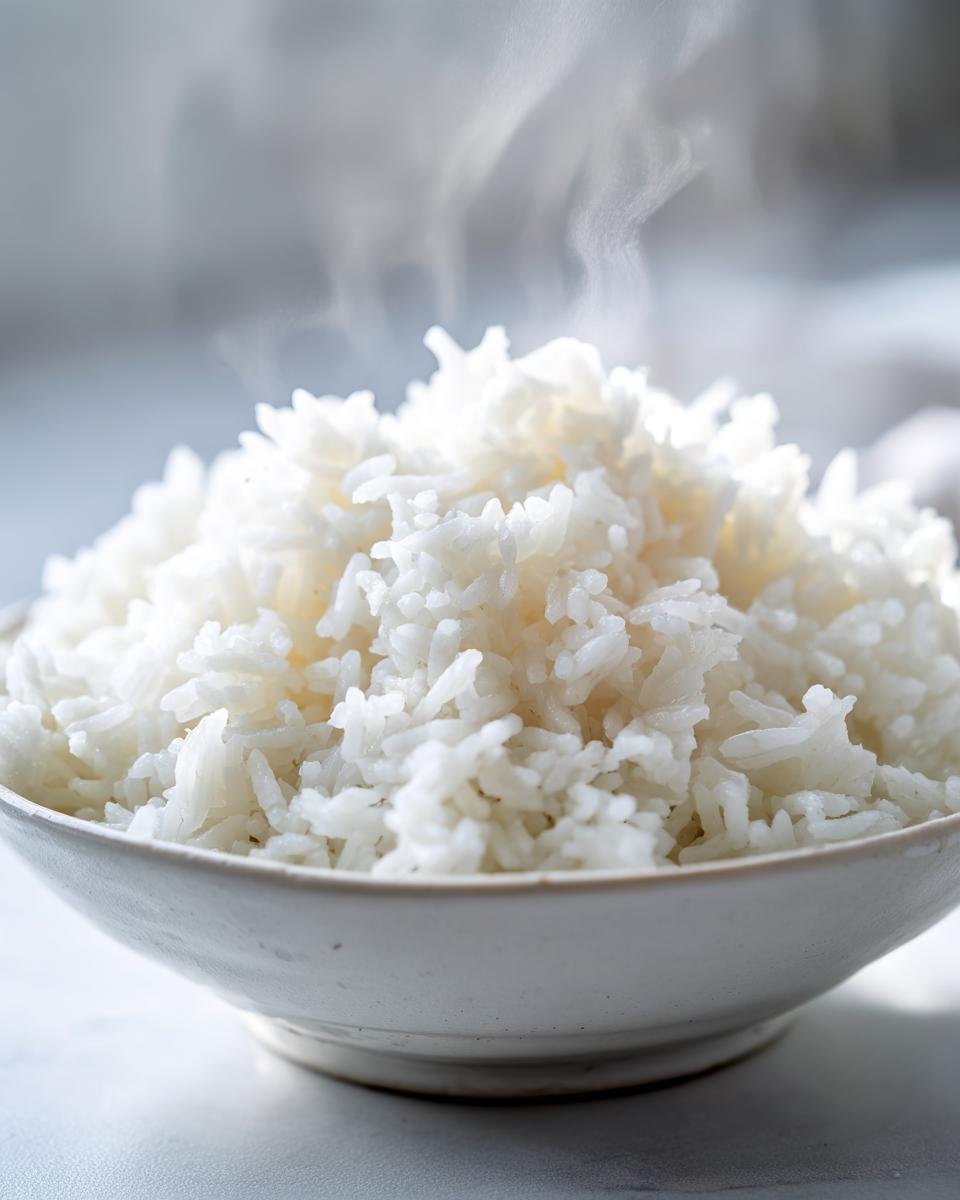 Nahaufnahme von dampfendem, lockerem wei&szlig;em Kokosreis in einer kleinen, hellen Sch&uuml;ssel.
