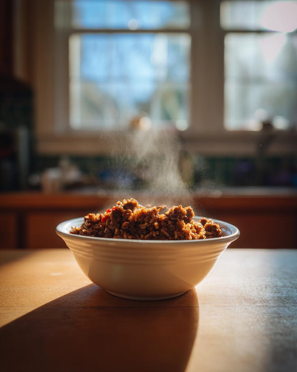 Eine dampfende Portion Louisiana Dirty Rice in einer wei&szlig;en Sch&uuml;ssel auf einem Holztisch, beleuchtet durch Gegenlicht.