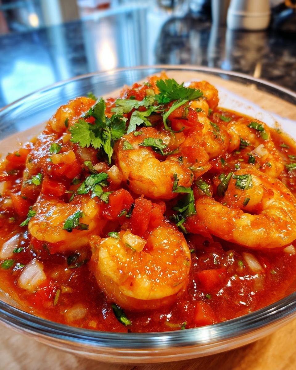 Nahaufnahme von Garnelen in einer roten, tomatenbasierten Sauce mit Zwiebeln und Koriander, Teil des Delicious Mexican Shrimp Cocktail Rezept.