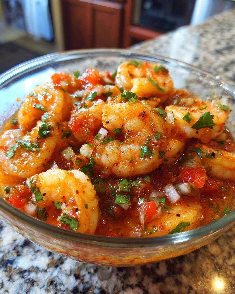 Nahaufnahme von Garnelen in einer w&uuml;rzigen, tomatenbasierten Sauce mit Zwiebeln und Koriander &ndash; Delicious Mexican Shrimp Cocktail Recipe.