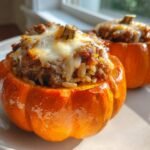 Zwei gef&uuml;llte Mini-K&uuml;rbisse mit einer herzhaften Hackfleisch-Reis-Mischung und geschmolzenem K&auml;se, ein Beispiel f&uuml;r Delicious Stuffed Mini Pumpkins.