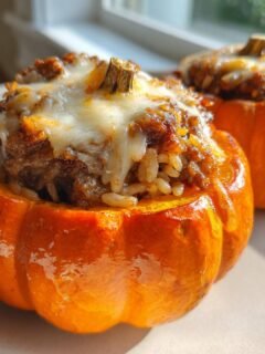 Zwei gefüllte Mini-Kürbisse mit einer herzhaften Hackfleisch-Reis-Mischung und geschmolzenem Käse, ein Beispiel für Delicious Stuffed Mini Pumpkins.