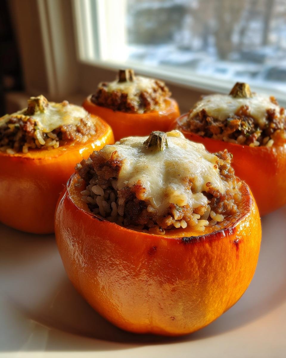Vier Delicious Stuffed Mini Pumpkins, gef&uuml;llt mit Hackfleisch und Reis und &uuml;berbacken mit geschmolzenem K&auml;se.