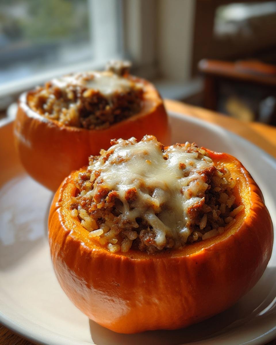 Nahaufnahme von zwei Delicious Stuffed Mini Pumpkins, gef&uuml;llt mit Hackfleisch und Reis, &uuml;berbacken mit geschmolzenem K&auml;se.