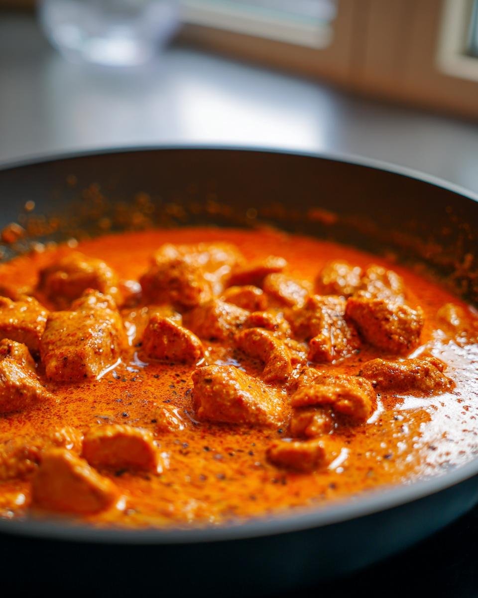 Nahaufnahme von saftigen H&auml;hnchenst&uuml;cken in einer cremigen, leuchtend orangefarbenen So&szlig;e im Easy Butter Chicken Skillet.