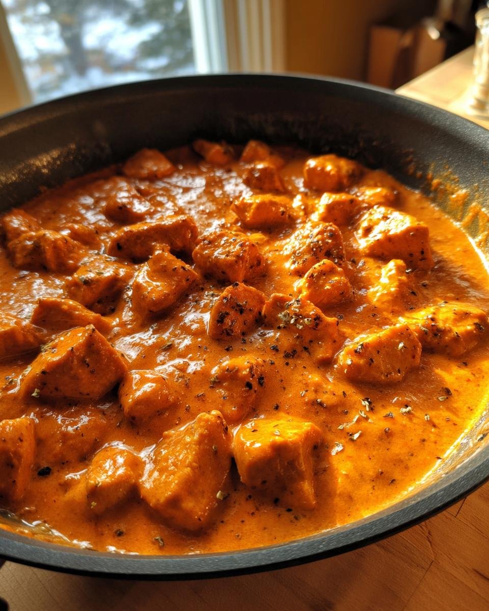 Nahaufnahme von w&uuml;rfeligem H&auml;hnchen in cremiger, oranger Sauce im Easy Butter Chicken Skillet Rezept.