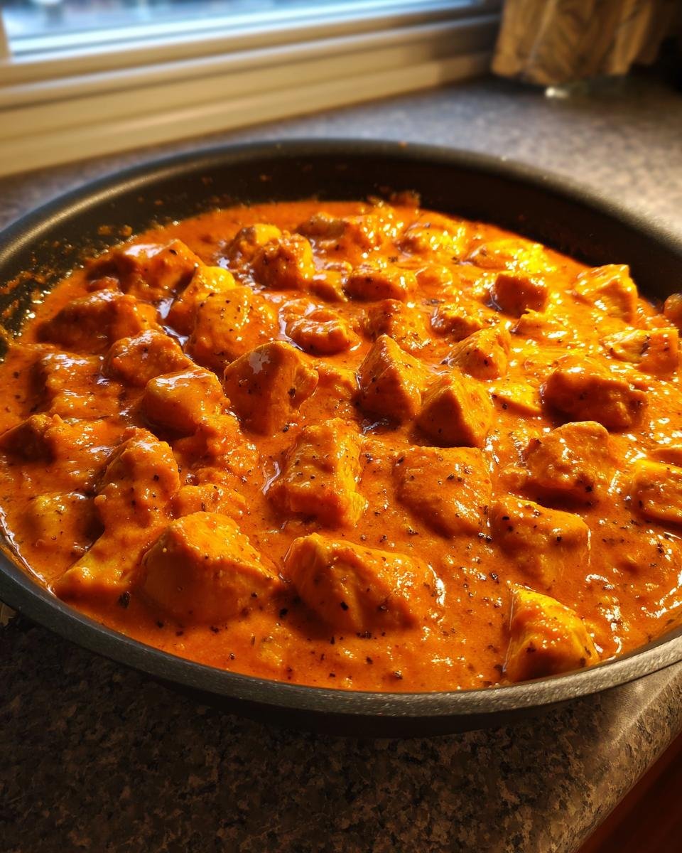 Nahaufnahme von saftigen H&auml;hnchenst&uuml;cken in einer cremigen, orangefarbenen Sauce im Easy Butter Chicken Skillet.