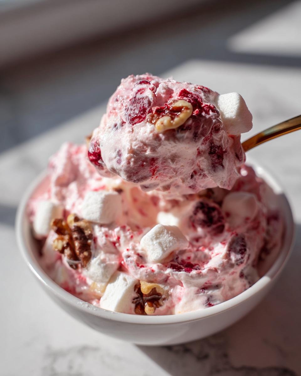 Ein goldener L&ouml;ffel hebt eine Portion des cremigen, rosa Refreshing Cranberry Fluff Dessert mit Marshmallows und Waln&uuml;ssen hervor.