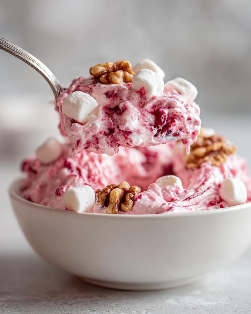 Ein L&ouml;ffel voll erfrischendes Cranberry Fluff Dessert mit Marshmallows und Waln&uuml;ssen wird herausgehoben.