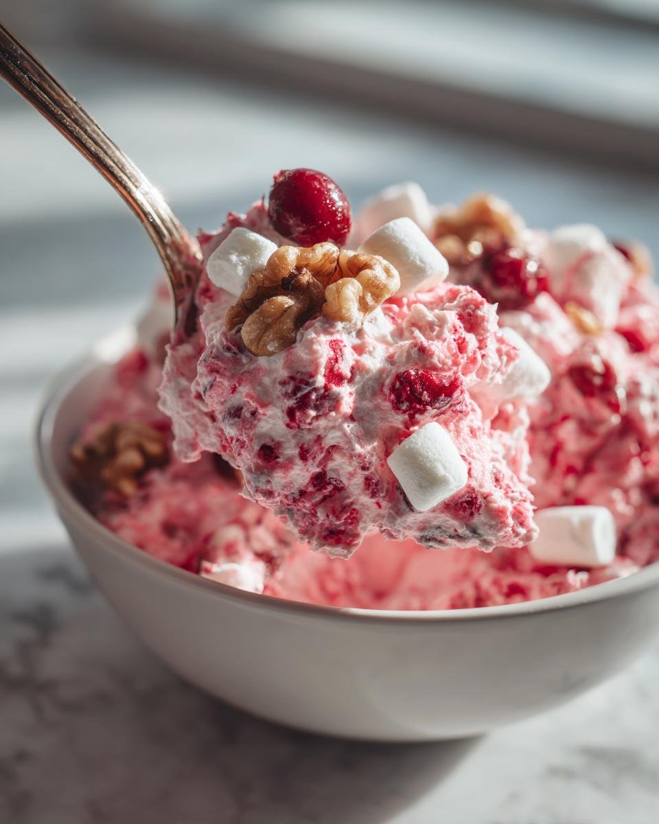 Ein L&ouml;ffel voll erfrischendem Cranberry Fluff Dessert, garniert mit Marshmallows und Waln&uuml;ssen.