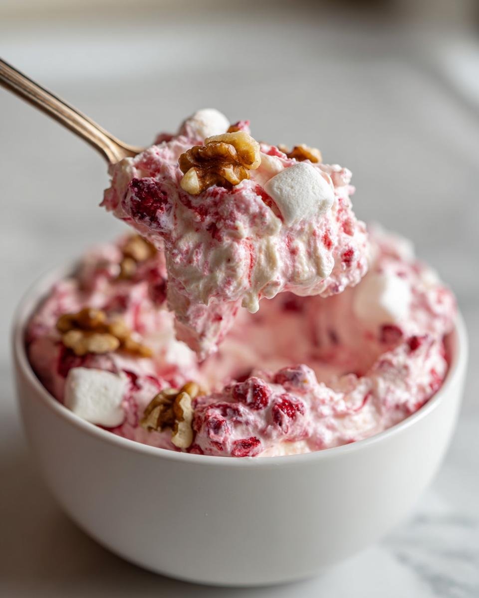 Ein L&ouml;ffel voll Erfrischendes Cranberry Fluff Dessert mit Marshmallows und Waln&uuml;ssen wird aus einer wei&szlig;en Sch&uuml;ssel gehoben.