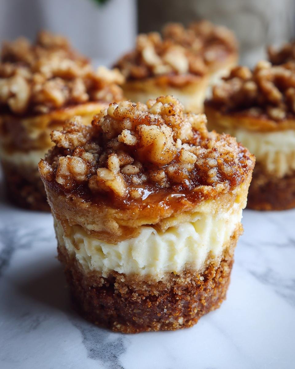 Nahaufnahme eines der Fall Inspired Easy Apple Crisp Mini Cheesecakes mit Keksboden und Nuss-Topping.