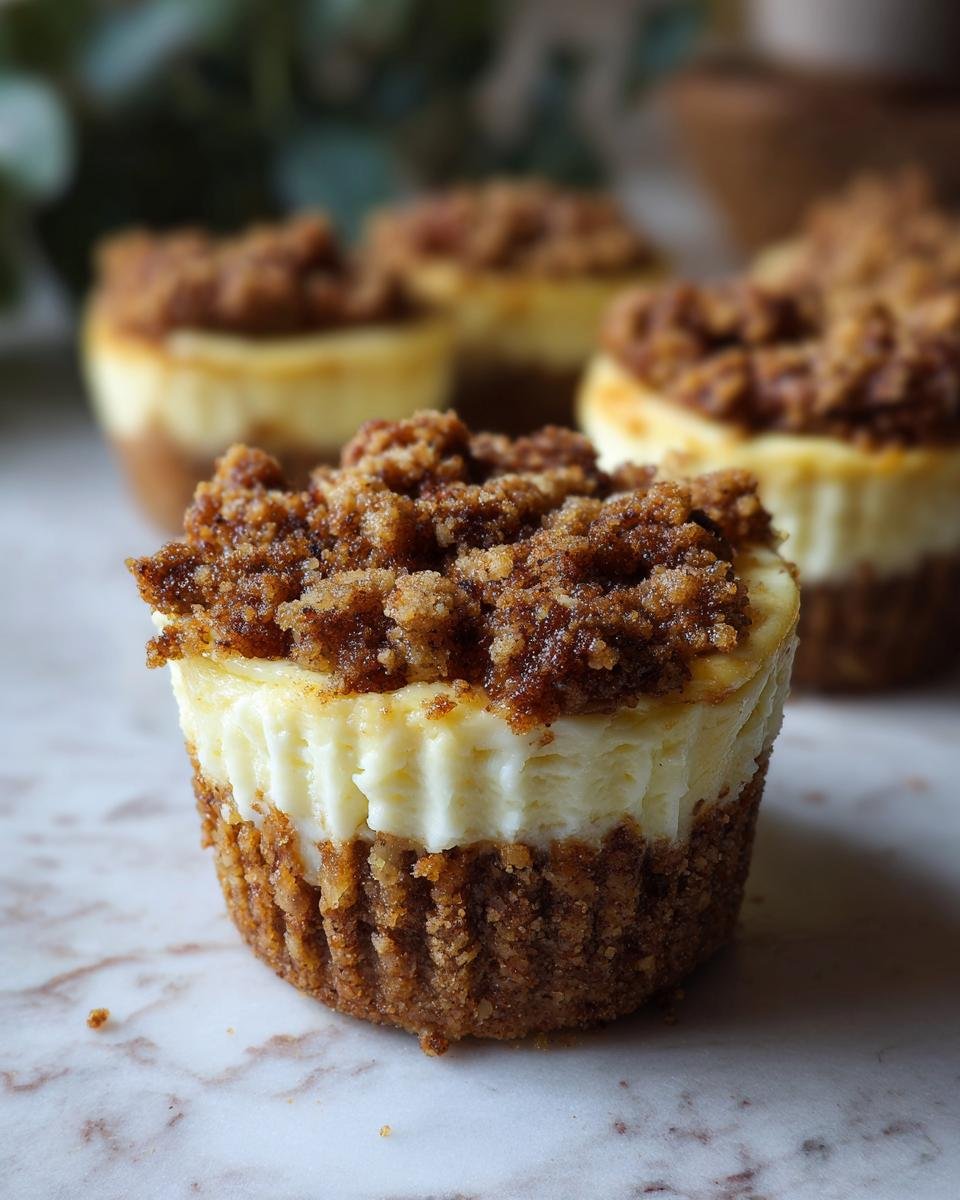Nahaufnahme eines der Fall Inspired Easy Apple Crisp Mini Cheesecakes mit knusprigem Streusel-Topping.
