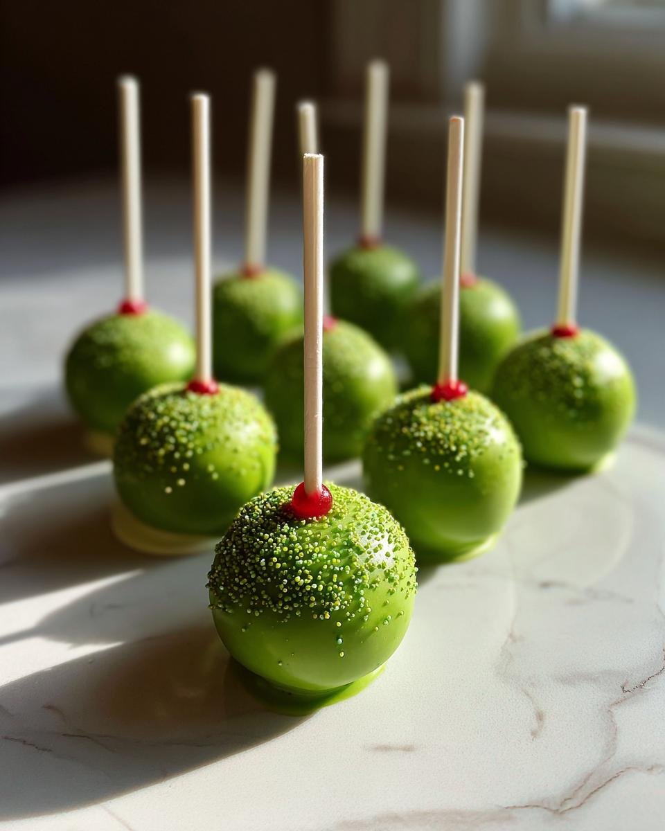 Mehrere leuchtend gr&uuml;ne Grinch Cake Pops mit Streuseln und roter Verzierung auf einem hellen Untergrund.