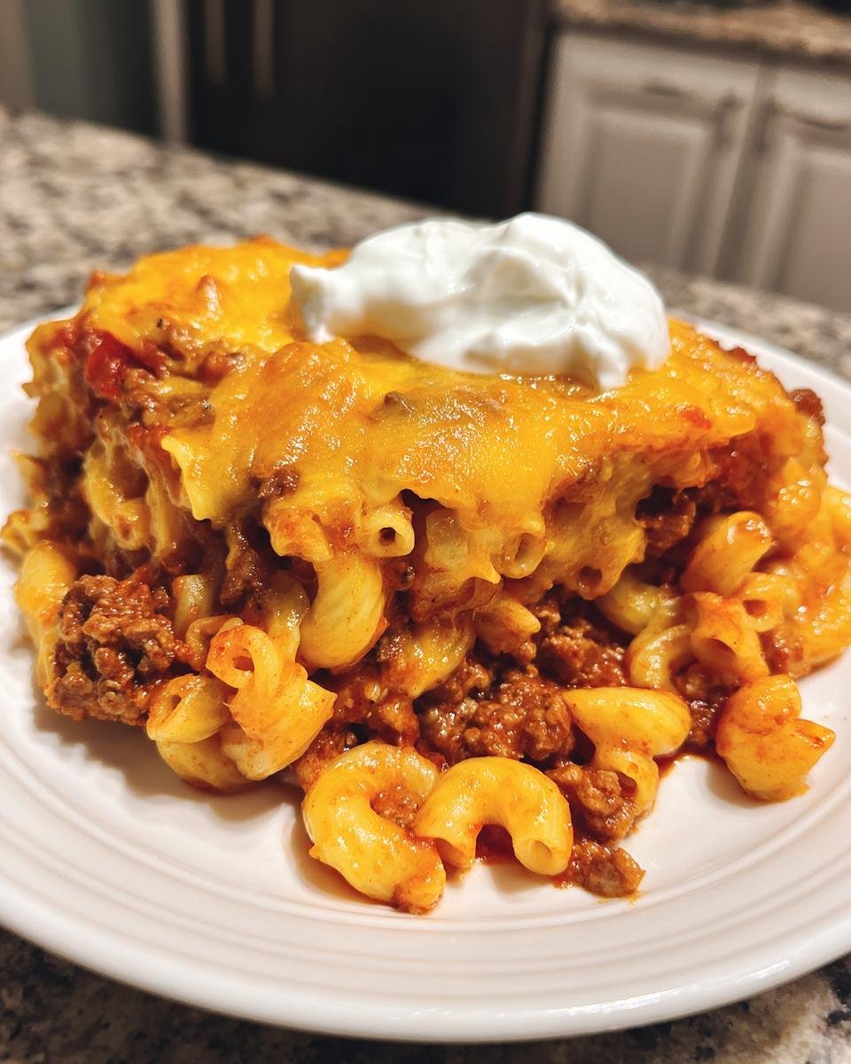 Ein Teller mit cremiger Taco Pasta, bedeckt mit geschmolzenem K&auml;se und einem Klecks Sauerrahm.