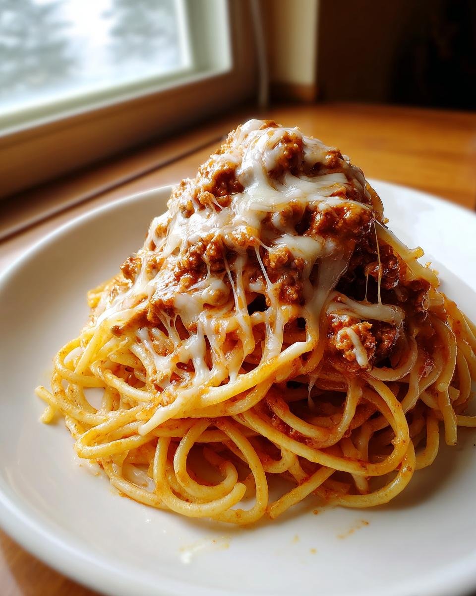 Ein Teller mit Monterey Spaghetti, bedeckt mit Fleischsauce und viel geschmolzenem, ziehendem K&auml;se.