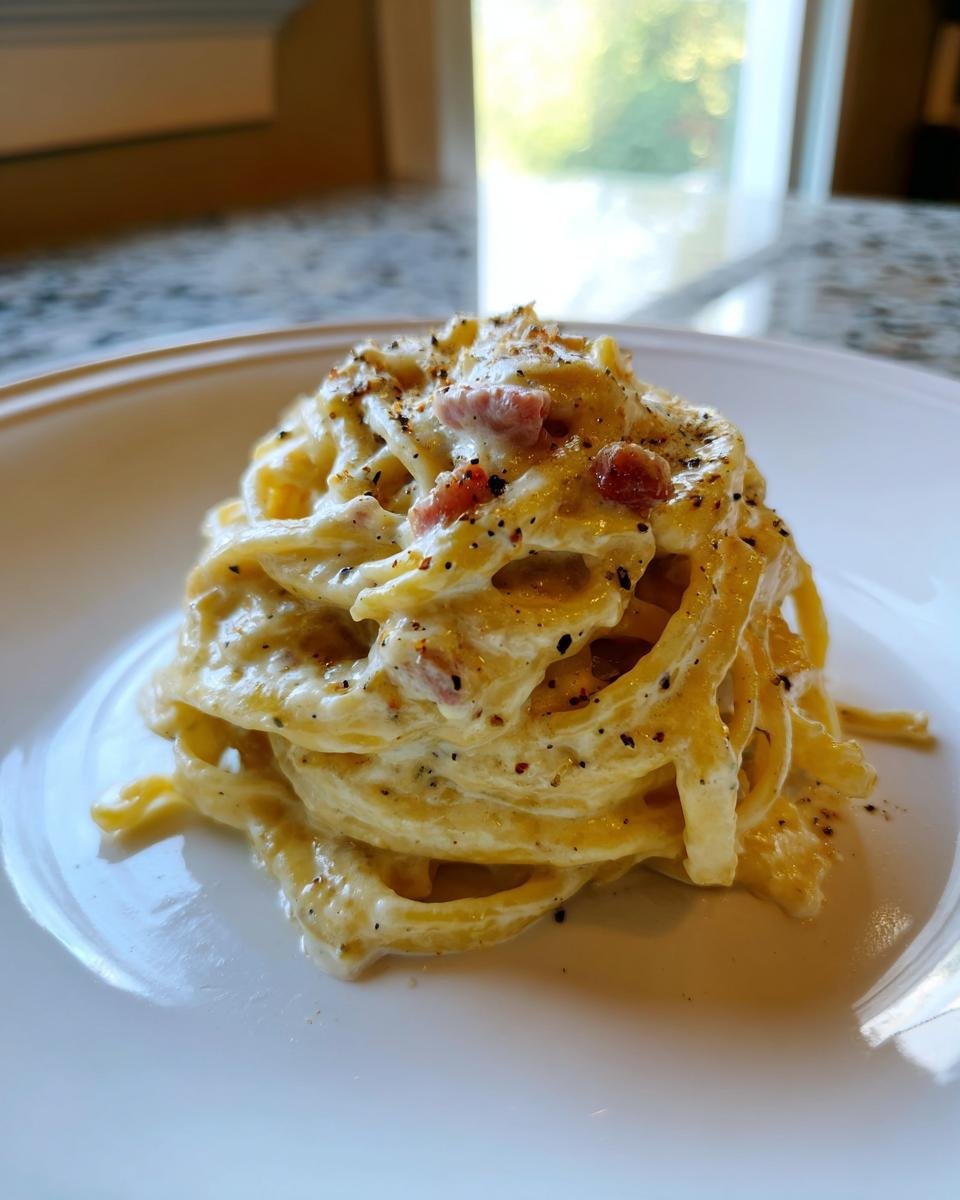 Nahaufnahme einer perfekt angerichteten Portion cremiger Fettuccine Carbonara, bestreut mit schwarzem Pfeffer.