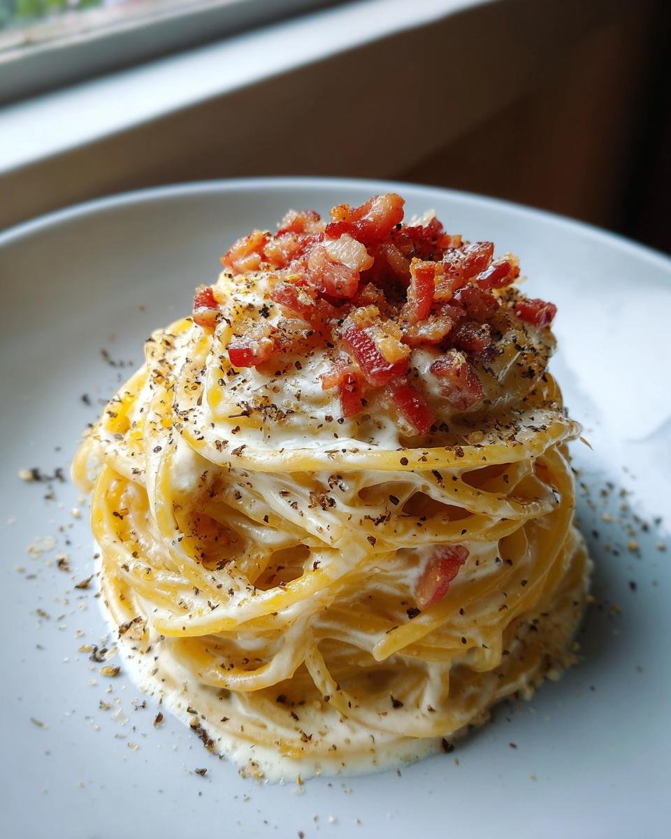 Ein perfekt angerichteter Turm aus Fettuccine Carbonara, bedeckt mit knusprigem Speck und viel schwarzem Pfeffer.