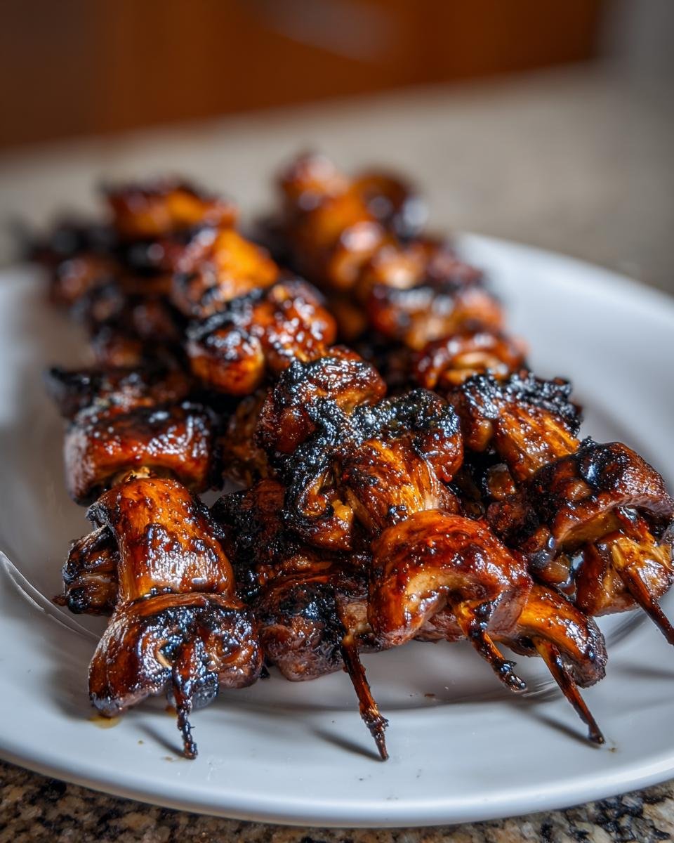 Nahaufnahme von glasierten, marinierten Pilzspie&szlig;en, die dunkel und karamellisiert vom Grill sind.