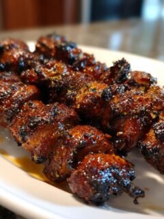 Drei marinierte und gegrillte Pilzspieße mit dunkler, karamellisierter Glasur auf einem weißen Teller.