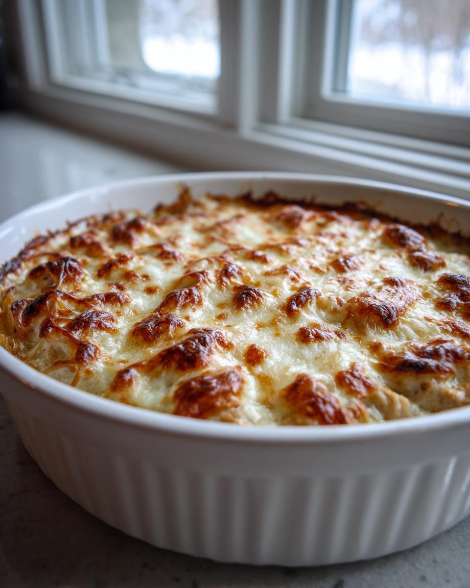 Nahaufnahme eines Auflaufs mit goldbraun &uuml;berbackenem K&auml;se, wahrscheinlich der 30 Minute French Onion Chicken Orzo Casserole.