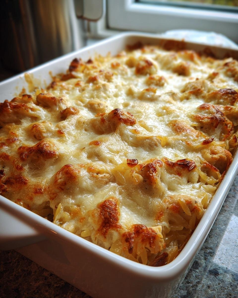 Nahaufnahme eines &uuml;berbackenen Auflaufs mit geschmolzenem K&auml;se und H&auml;hnchenst&uuml;cken, wahrscheinlich das 30 Minute French Onion Chicken Orzo Casserole.