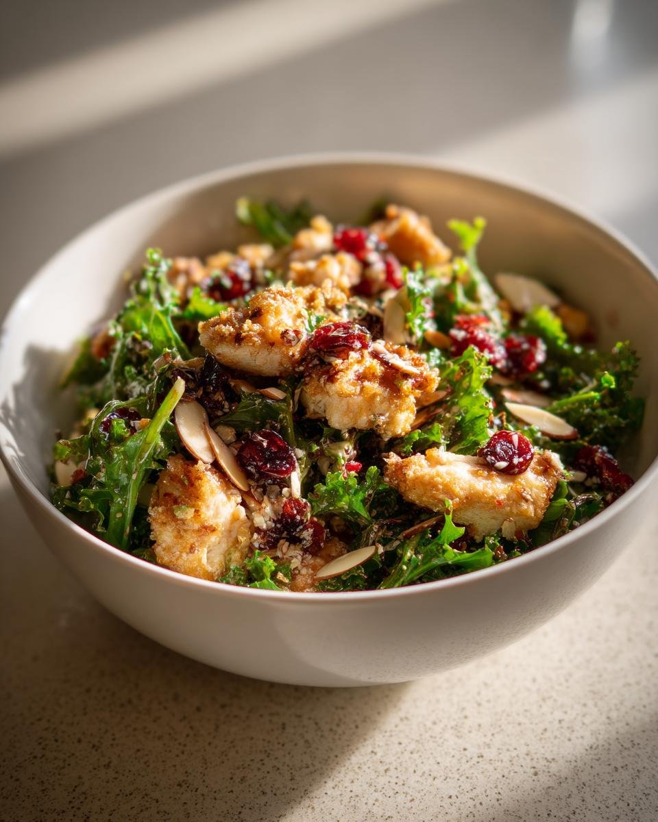 Nahaufnahme eines wei&szlig;en Bowls mit Fresh Asian Chicken Cranberry Salad, garniert mit H&auml;hnchenst&uuml;cken, Cranberrys und Mandelsplittern.