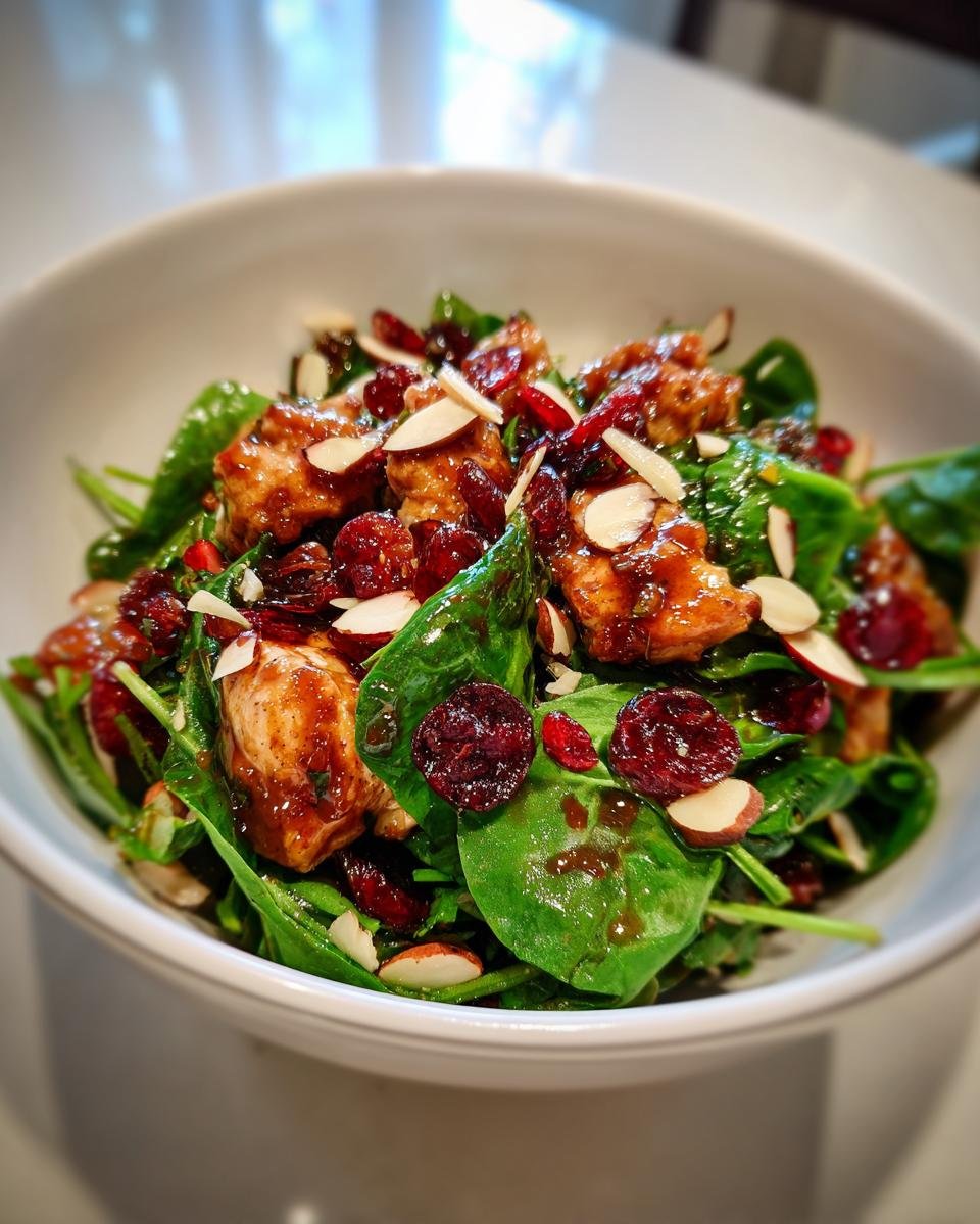 Nahaufnahme des Frischer Asiatischer H&auml;hnchen-Cranberry-Salat mit Spinat, glasiertem Huhn, getrockneten Cranberries und Mandelbl&auml;ttchen.
