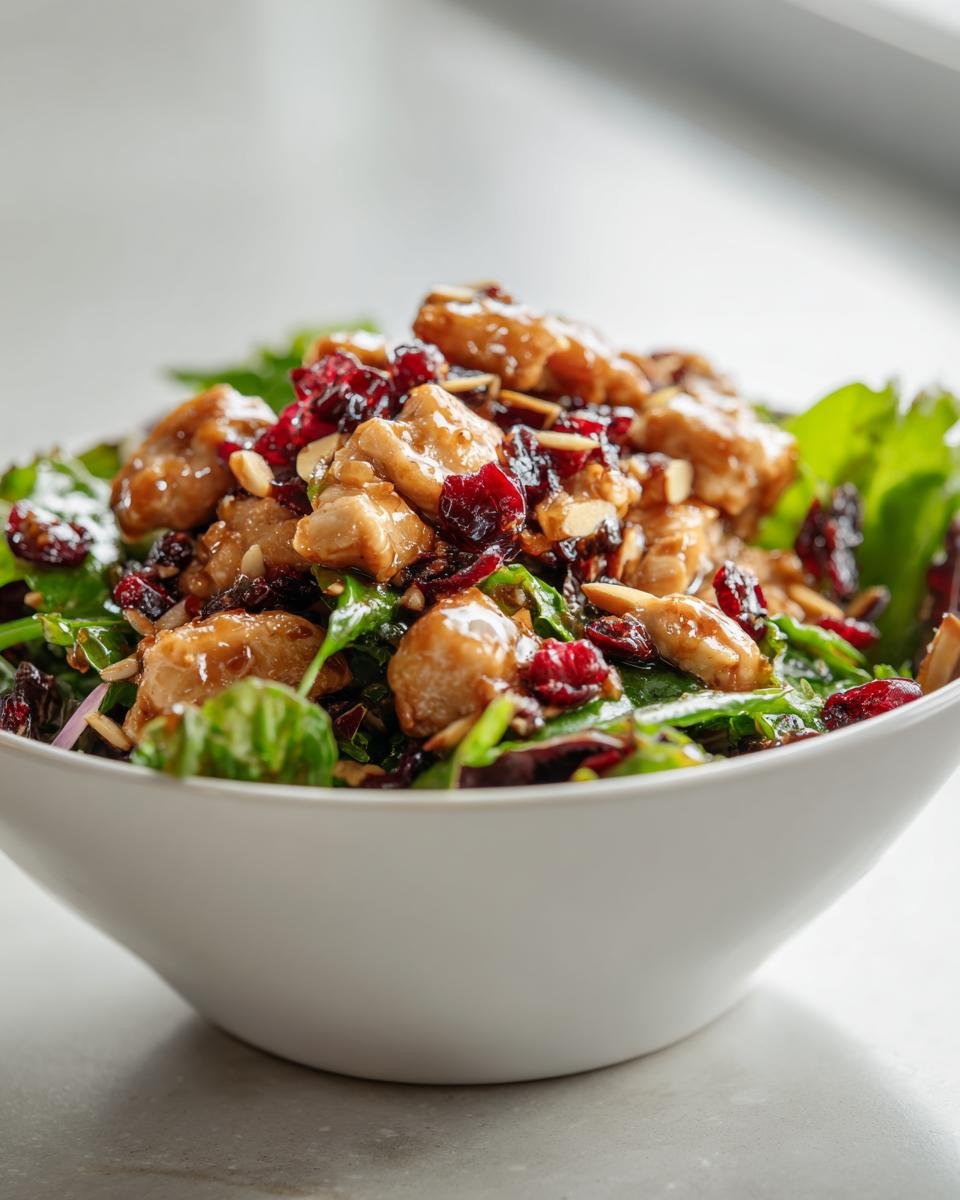 Nahaufnahme eines wei&szlig;en Bowls mit dem Frischen Asiatischen H&auml;hnchen-Cranberry-Salat, garniert mit glasiertem H&auml;hnchen und getrockneten Cranberries.
