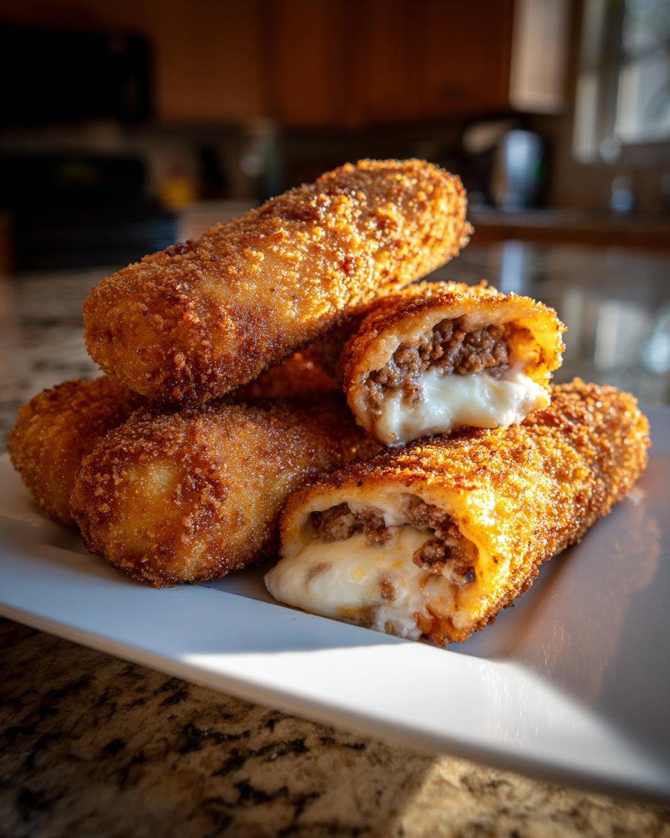 Goldbraun frittierte Rollen, gef&uuml;llt mit Hackfleisch und geschmolzenem K&auml;se, die Olive Garden Fried Lasagna.