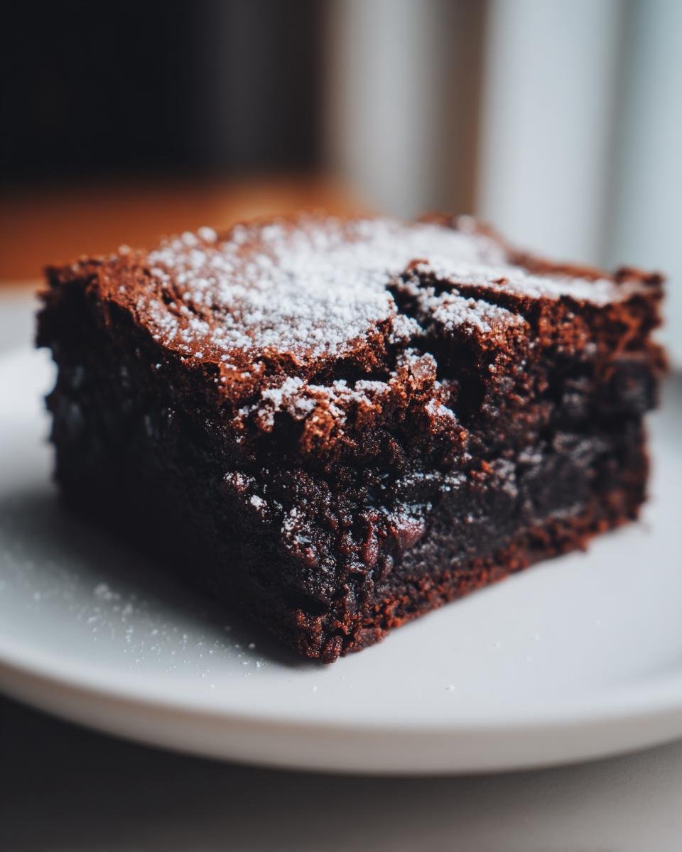 Nahaufnahme eines saftigen, fudgy Brownies, bestäubt mit Puderzucker, perfekt für Valentines Brownies.