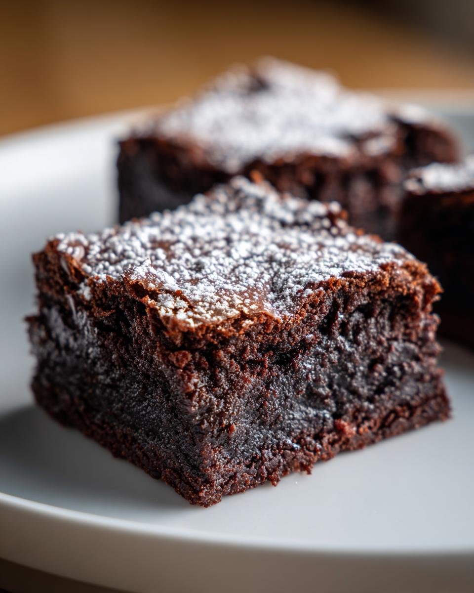 Nahaufnahme eines saftigen Stücks fudgy Valentines Brownies, bestäubt mit Puderzucker auf einem weißen Teller.