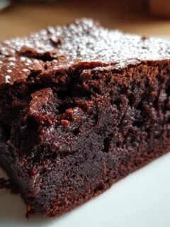 Nahaufnahme eines saftigen St&uuml;cks Valentines Brownies, best&auml;ubt mit Puderzucker auf einem wei&szlig;en Teller.