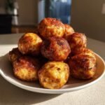 Ein Haufen goldbraun gebratener Pancake Sausage Balls auf einem wei&szlig;en Teller.