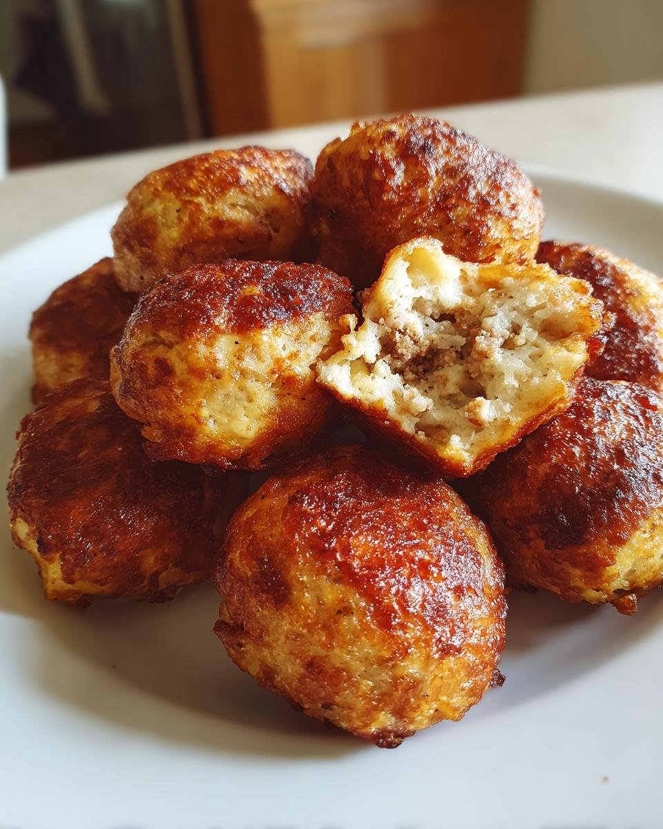 Ein Haufen goldbraun gebratener Pancake Sausage Balls, einer davon aufgeschnitten, um die F&uuml;llung zu zeigen.