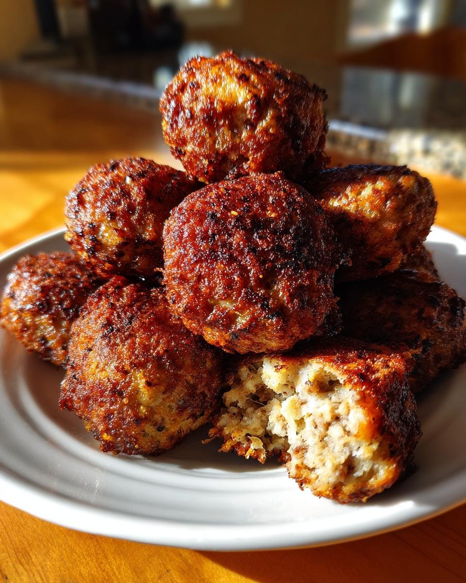 Stapel goldbraun gebratener Pancake Sausage Balls auf einem wei&szlig;en Teller, einer ist aufgebrochen.