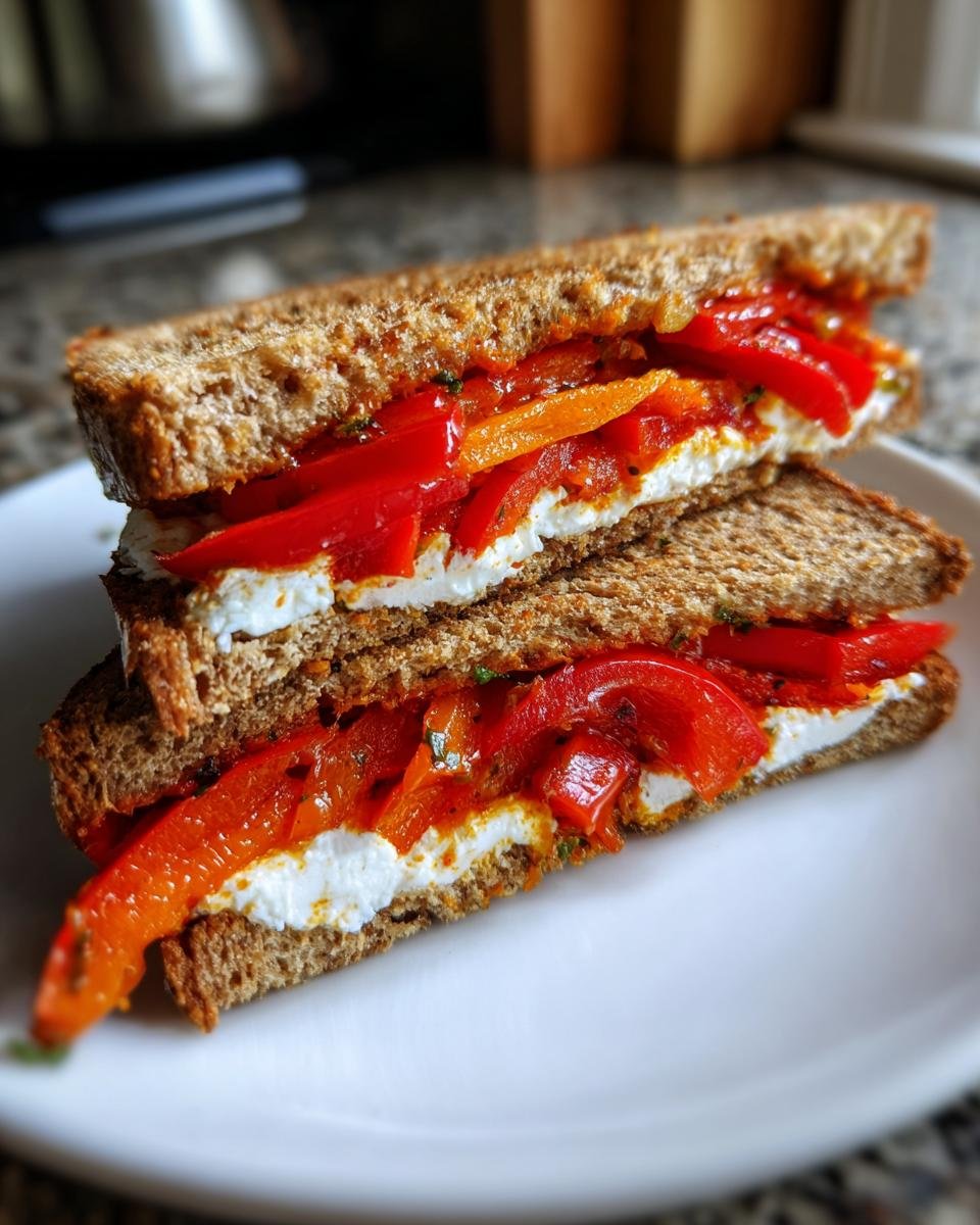 Zwei H&auml;lften eines gesunden Paprika Sandwiches mit ger&ouml;steten roten Paprika und wei&szlig;em K&auml;se auf Vollkornbrot.