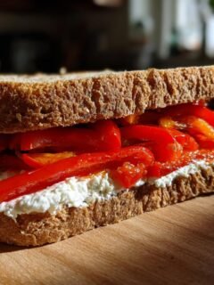 Nahaufnahme eines gesunden Paprika Sandwiches mit Frischk&auml;se auf Vollkornbrot, das im Sonnenlicht liegt.