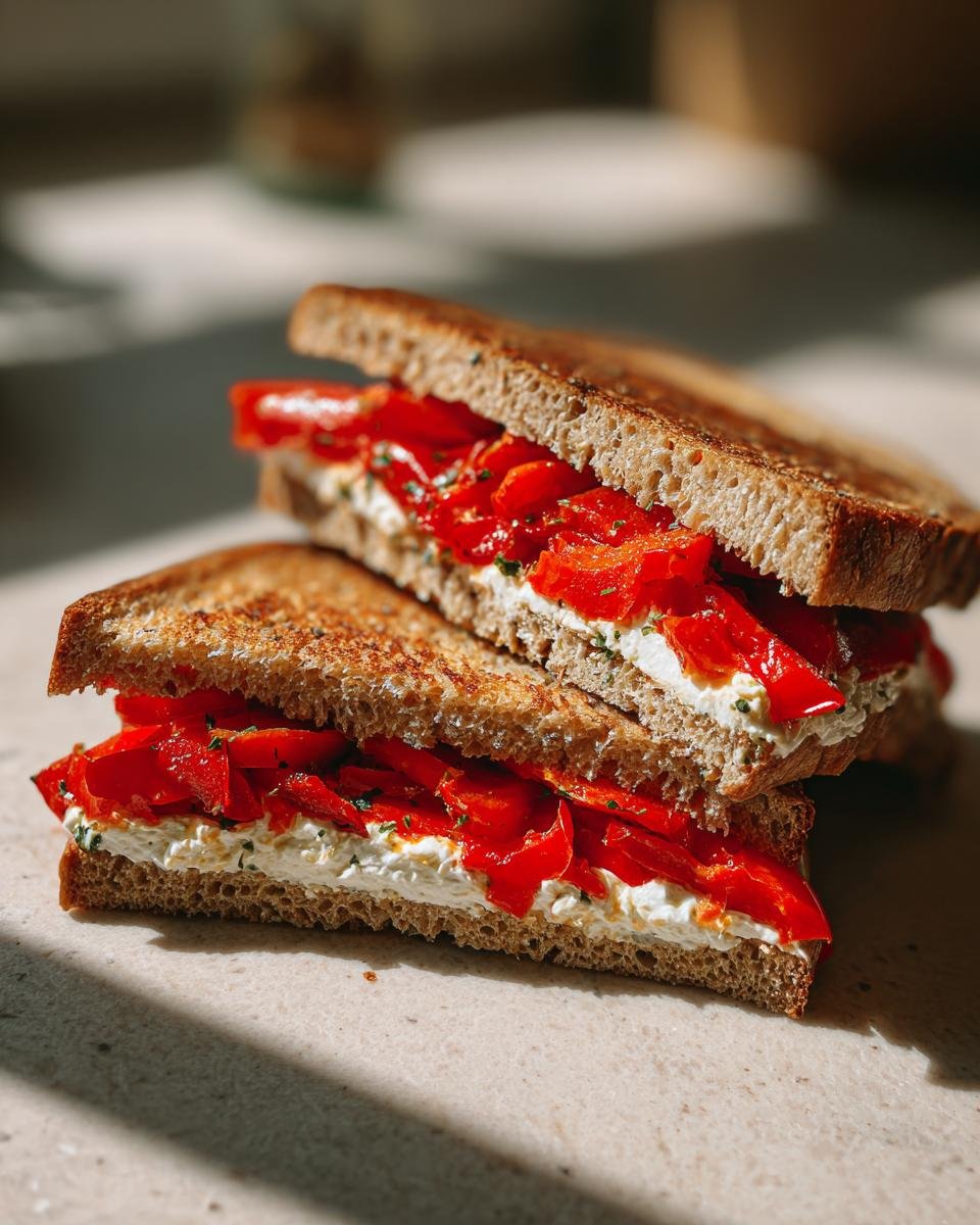 Zwei H&auml;lften eines getoasteten Vollkornbrots belegt mit Frischk&auml;se und leuchtend roten Paprikastreifen &ndash; Gesundes Viral Bell Pepper Sandwich.