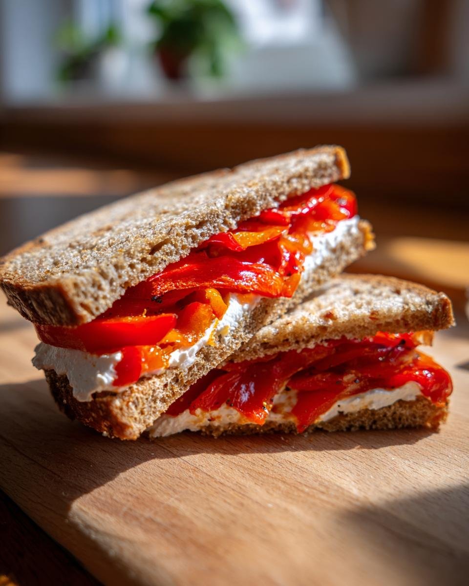 Zwei H&auml;lften eines gesunden Paprika Sandwiches mit ger&ouml;steten Paprika und Frischk&auml;se auf dunklem Brot.